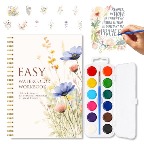 Bible Flowers Watercolor Workbook, Christian Painting Book with 12 Designs | Christian Water Coloring Book Set With Palette And Brush, Bible Wildflower Designs for Beginners, Faith Based Art and Gifts - color: Bible Flower