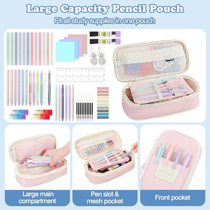 MoKo Pencil Case with Supplies, 56Pcs Aesthetic School Set, Pink | Includes 12 gel pens, 12 highlighters, 6 mechanical pencils, refills, sticky notes, index tabs, rulers and correction tapes. - color: Pink-56P