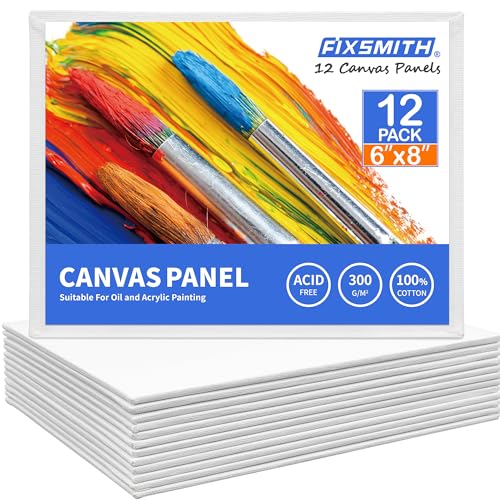 FIXSMITH Canvas Boards for Painting 6x8 Inch, Super Value 12 Pack White Blank Canvas Panels, 100% Cotton Primed, Painting Art Supplies for Professionals, Hobby Painters, Students & Kids - size: 6"×8"