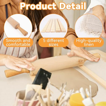 Pletpet 20Pcs Pottery Tools Kit for Adults, with 1 Wooden Rolling Pin, 10 Pottery Rolling Mud Sticks, 8 Clay Sculpting Tools and 1 Premium Linen for Ceramic, Polymer Clay & Beginners