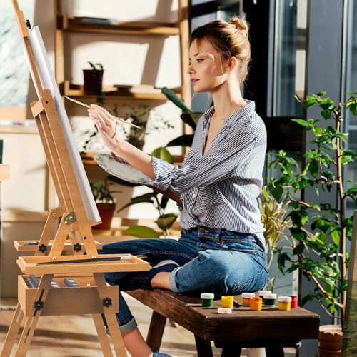 Large Beech Wood H-Frame Easel, Professional Painting Easel with 2 Palette - color: Natural