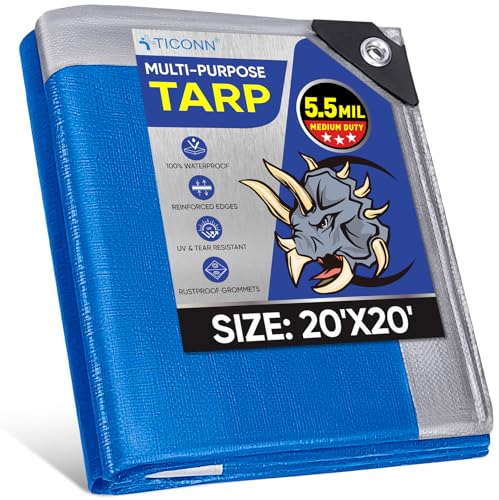 TICONN Heavy Duty Tarp Cover, Extra Thick Tarps Waterproof Tear and Rip Proof UV Resistant Tarpaulin with Reinforced Grommets and Edges (5.5 Mil, 20'×20') - color: Blue, size: 20'x20', 5.5 Mil
