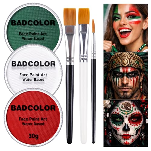 Green White Red World Cup Mexico Flag Face Body Paint Set, Face Painting Kit with Paintbrushes for Halloween Day of the Dead Catrina Makeup Clown Skull Tribal Warrior Christmas Elf Queen SFX Make-up - color: Dark Green+White+Red+3Pcs Brushes