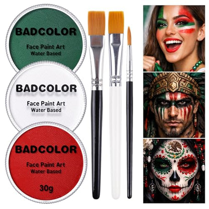 Green White Red World Cup Mexico Flag Face Body Paint Set, Face Painting Kit with Paintbrushes for Halloween Day of the Dead Catrina Makeup Clown Skull Tribal Warrior Christmas Elf Queen SFX Make-up - color: Dark Green+White+Red+3Pcs Brushes