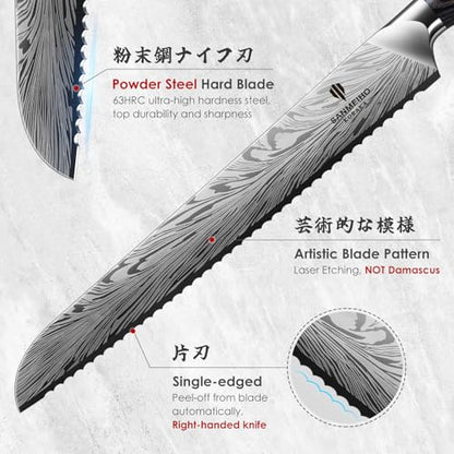 10 inch Bread Knife in Powder Steel, Serrated Bread Knife | for Homemade Bread Sourdough Ultra Sharp Bread Slicer Knives with Ergonomic Pakkawood Handle for Sourdough, Turkey and Fruit - size: 10"
