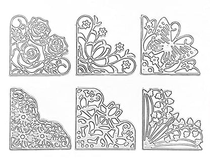 6Pcs 3Inches Lace Corner Cutting Dies Stencil Butterfly Flowers Die Cuts Metal Corner Pocket Die for Card Making DIY Scrapbook Album Paper Card Festival Decor - style: Corner dies set