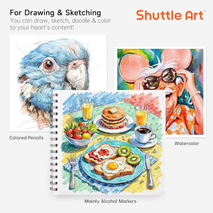 Shuttle Art Marker Pad, 8.9”x8.3” Portable Sketchbook, 40 Sheets Marker Drawing Paper, 110LB/180GSM Smooth Surface Bleedproof Art Paper, Spiral-Bound, Great for Beginners to Draw, Paint & Sketch - size: 8.9x8.3 inch