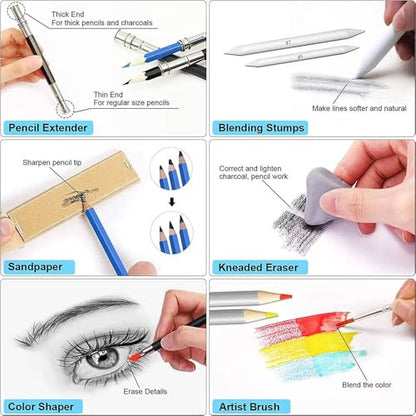 Professional Drawing Art Set, 83 Pieces with Travel Bag, Sketching, Colored Pencils, Charcoal Sticks, Blending Tools