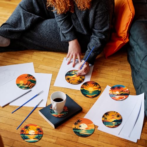 Reallnaive 8 Pcs Beach Paint by Numbers Kit for Adults Coastal Coasters | Mini Paint by Numbers, Tiny Palm Trees Sunset Round Oil Painting Drink Coaster with Holder, for Small DIY Craft Birthday Gift - style: Beach