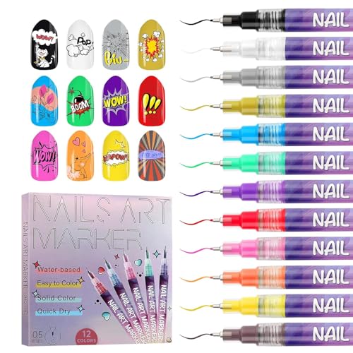 12 Color Nail Art Markers Kalolary Nail Art Pens Quick Dry Nail Polish Pen | 0.5mm Acrylic Paint Pen Nail Point Graffiti Dotting Pen Drawing Painting Liner Brush for DIY Nail Art Manicure Tools - color: H