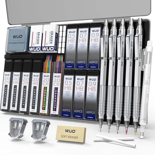 WUO Mechanical Pencil Set, 5 Pack Drafting Pencils 0.5/0.7/0.9/2.0/2.0mm | Mechanical drawing pencils, 432 lead refills, erasers/sharpeners for drafting, technical drawing, sketching, writing & art - color: Silver, size: 0.5/0.7/0.9/2.0