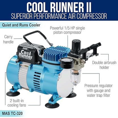Master Airbrush Cool Runner II Dual Fan Airbrushing System Kit - Air Brush Kit with Air Compressor & 3 Airbrushes, 0.3 mm Gravity & 0.35, 0.8 mm Siphon Feed, Holder & Learning Guide Manual