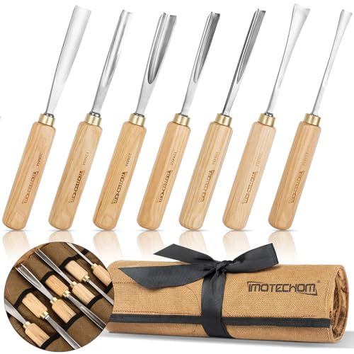 7-Piece Wood Carving Chisel Tools Set, Sharp CR-V Steel Blades | Precision woodworking tool kit with ash handles & canvas bag. Razor sharp 60CR-V blades for beginners and professionals - size: 7-Piece with Ash Handle