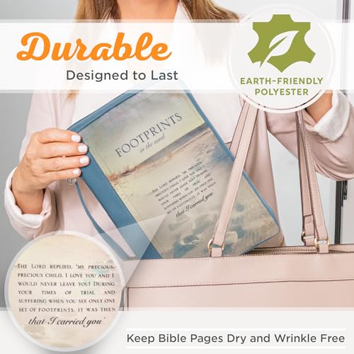 Christian Art Gifts Men/Women's Bible Cover Footprints, Blue Poly Canvas, Large - color: Blue/Footprints, size: Large