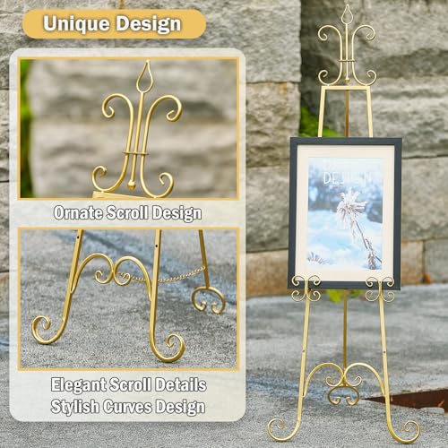 20"L x 26.75"W x 56.5"H Large Easel Stand for Display, Adjustable Heigh Metal Gold Easel Stand with Chain Support, Heavy Duty Easel for Mirror, Sign, Wedding, Picture Frame. (No Installation Required)