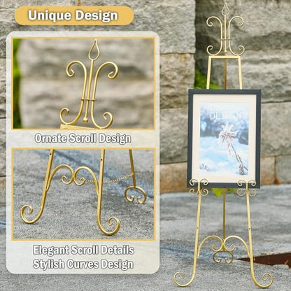 20"L x 26.75"W x 56.5"H Large Easel Stand for Display, Adjustable Heigh Metal Gold Easel Stand with Chain Support, Heavy Duty Easel for Mirror, Sign, Wedding, Picture Frame. (No Installation Required)