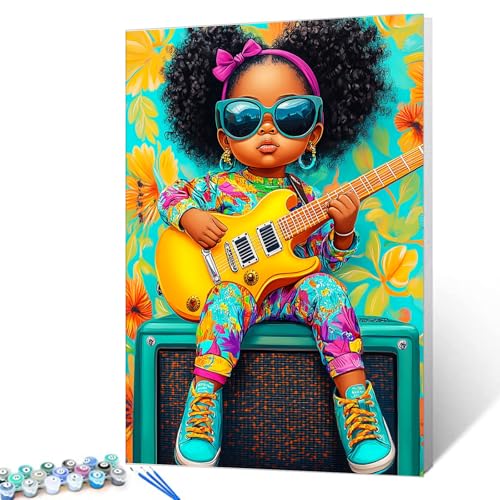 Tucocoo Electric Guitar Little Girl Paint by Numbers Kits 16x20 inch Canvas DIY Oil Painting for Adults with Brushes and Acrylic Pigment Black Girl Music Art Picture for Home Decor (Without Frame) - color: Artwork-04, size: 16''x20''(Without Frame)