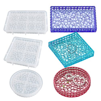 3PCS Diamond Resin Tray Mold with Edges, Silicone Tray Molds for Resin Casting, Square Rectangle Round Epoxy Mold DIY Jewelry Plate Box Candle Holder Container Art Craft Making Supplies - color: 3pc Diamond Trays