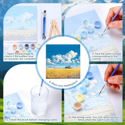 RoundFunny 8 Set Paint by Numbers Drawing Kit for Adults,Landscapes | 8x8 in. Mini Simple Painting Canvas Wooden Frame Easel Acrylic Paint Brush Funny Number Drawing Kit for Gift Wall Home Decor - style: Landscapes