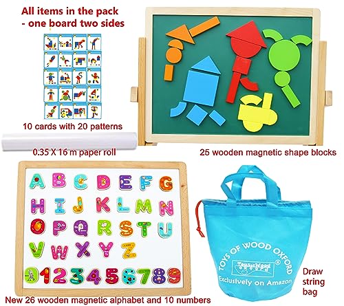 TOWO Wooden Easel for Kids, Foldable Double-Sided Magnetic Board | Includes magnetic letters, numbers, shapes and paper roll; tabletop art easel for drawing, learning and creative play. - color: Easel