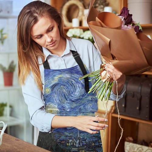 Apron with Pockets, 32x28 inch, for Women Men, Blue | Starry Night Oil Painting Waterproof Adjustable Bib Aprons for Kitchen Cooking Baking Painting Gardening - color: Van Gogh Oil Painting