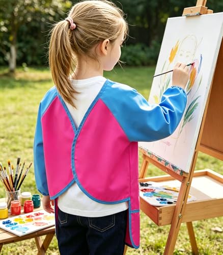 2 Pack Kids Art Smock Waterproof with Long Sleeve and 3 Roomy Pockets Artist Children Aprons for Toddlers Age 3-8 Painting Crafts（Rose Red+Lake Blue） - color: 2 Pack Rose Red+lake Blue