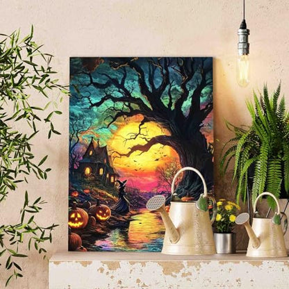 Tucocoo Halloween Spooky Scenery Paint by Number Kit 16 x 20 inch Canvas Full Moon Pumpkins DIY Oil Painting for Adults Beginner with Brushes and Acrylic Pigment-Witch's Night(Without Frame) - color: Pbn Halloween 03, size: 16''x20''(Frameless)