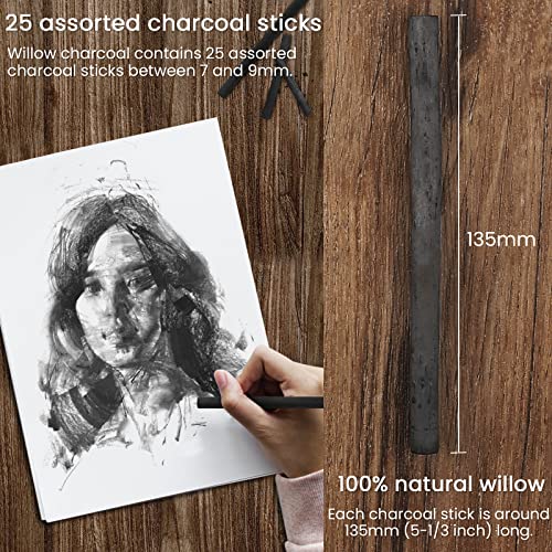 Willow Charcoal Sticks, Natural Willow Charcoal for Artists, Beginners or Kids of All Skill Levels, Great for Sketching, Drawing and Shading, Approx 5-7mm in Diameter, Pack of 25
