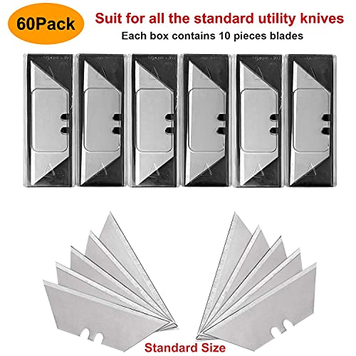 Vickay 60 Pack Utility Knife Blades, SK5 Box Cutter Blades, Razor Blades | Standard Replacement Blades for Heavy Duty Box Cutter Refills, for Cardboard, Leather, Drywall, Carpet, Rope, Pipe, etc - color: Silver, size: 60 Pack