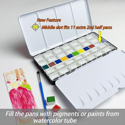 FCLUB Empty Watercolor Metal Palette with 28 Standard 3ml Full Pans | Travel, studio & plein air painting, For Artists, students & hobbyists, Smooth mixing surfaces, Portable metal palette - style: Tin Box with 28 Full Pans
