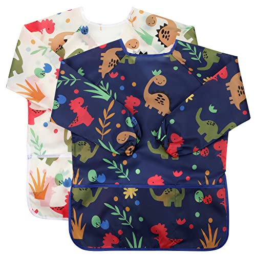 CUBACO Kids Painting Apron, 2pcs Waterproof Art Smocks For Child 3-8 Years, Kids Smocks for Painting Aprons with Long Sleeve - color: Dinosaur