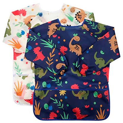 CUBACO Kids Painting Apron, 2pcs Waterproof Art Smocks For Child 3-8 Years, Kids Smocks for Painting Aprons with Long Sleeve - color: Dinosaur