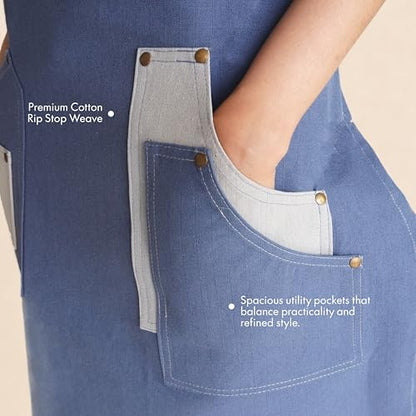 Professional Work Apron for Men & Women – 100% Cotton with waterproof Membrane, Cross Back Straps - color: Forge Blue