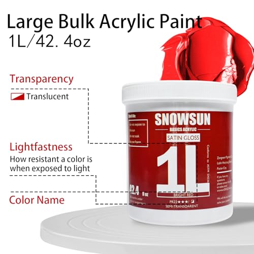 SNOWSUN Heavy Body Acrylic Paint, 1L (40oz) Bulk Cadmium Red - Non Toxic Artist Grade Thick Paint for Canvas, Wood, Ceramic & Crafts - color: red