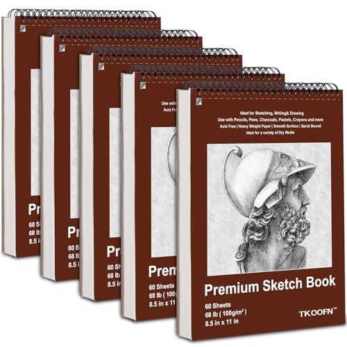 TKOOFN 5 Pack 8.5" x 11" SketchBooks Bulk,Top Spiral Bound Sketchbook | 60 Sheet Each,600 Sheets total,68lb/100gsm thick,Acid-Free,Sketch Drawing Paper Pad for Adult Kids Artists Beginners - color: 5 Pack, size: 8.5" x 11"