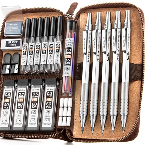 Nicpro 20PCS Metal Mechanical Pencil Set in Leather Case - color: Silver, size: 20pcs