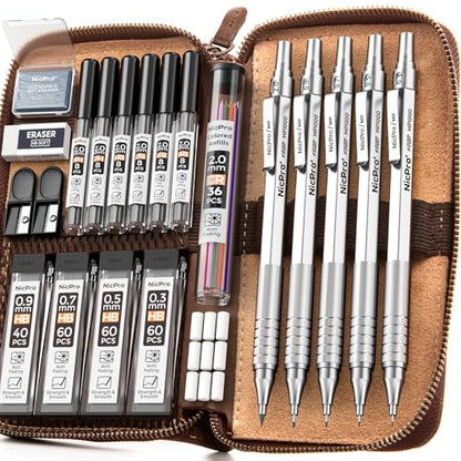 Nicpro 20PCS Metal Mechanical Pencil Set in Leather Case - color: Silver, size: 20pcs