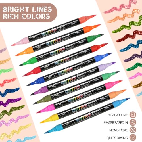 48 Colors Duo Glitter Effect Brush Markers, 24 Pack Water-based Ink Glitter Pens, Metallic Sparkle Markers for Doodle Writing, Glitter Art Crafts Gifts Trendy Stuff Art Supplies Drawing Supplies