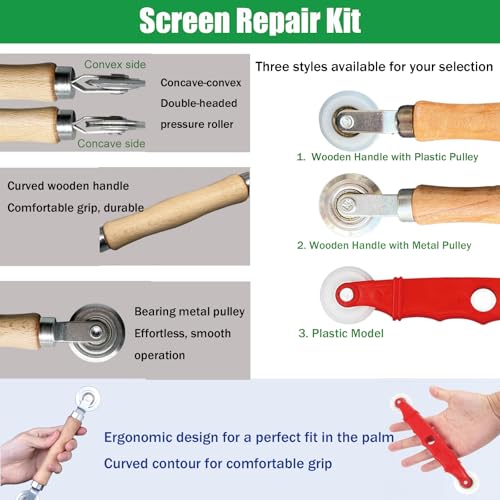 Screen Repair Kit & Window Screen Replacement Kit with Spline Roller Tool, Spline Removal Hook, Screen Cutter - Easy to Use 5-in-1 Tool for Screen Door Repair, Windows, Patio & Sliding Doors - size: 5 in 1