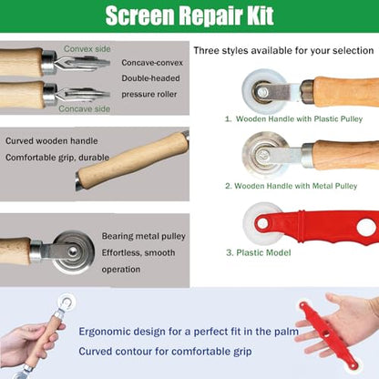 Screen Repair Kit & Window Screen Replacement Kit with Spline Roller Tool, Spline Removal Hook, Screen Cutter - Easy to Use 5-in-1 Tool for Screen Door Repair, Windows, Patio & Sliding Doors - size: 5 in 1