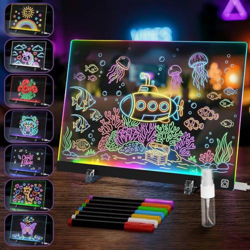 LED Drawing Board with USB-C Power – 16 Inch Acrylic Light Board for Tracing with Edge-Lit Color-Changing Glow, 7 LED Colors, 6 Light Modes – Plug-and-Play Kit with Markers, Stands, Gift Box (Black) - style: Style Black