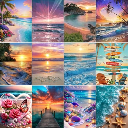 Acelii 12 Pack Summer Beach 5D Diamond Painting Kits, Full Drill Ocean Theme 5D Diamond Art Kits for Adults, Colorful Coastal gem Art Kits, Art Painting Set for Beach Home Wall Decor 9.8x13.8 Inch - color: KM1014-KM1025-1