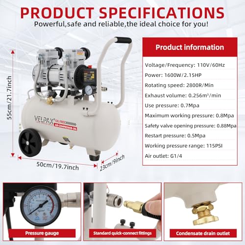 Ultra Quiet Air Compressor, Only 68dB, 8 Gallon Tank, Oil-Free, 110V/60Hz 2.15HP, 9.04CFM@115PSI, Air Compressor Perfect for Spray Painting, Auto Repair, Tire inflation, Woodwork nailing - size: 8 Gallon- Enhanced Version