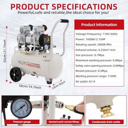 Ultra Quiet Air Compressor, Only 68dB, 8 Gallon Tank, Oil-Free, 110V/60Hz 2.15HP, 9.04CFM@115PSI, Air Compressor Perfect for Spray Painting, Auto Repair, Tire inflation, Woodwork nailing - size: 8 Gallon- Enhanced Version