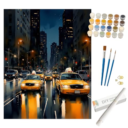 Urban Traffic Paint by Numbers Kit for Adults - DIY New York Yellow Cabs at Night Street Scene Painting on Rolled Canvas 16x20 Inches, Acrylic Paint Set for Beginners, Art for Home Decor or Gifts - color: HSX00908, size: 16X20IN Rolled