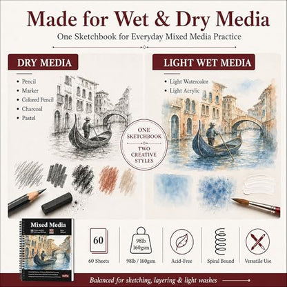 SuFly Mixed Media Sketchbook 9x12, Mixed Media Paper_98lb/160gsm, 60 Sheets | Mixed Media Pad, Thick Drawing Paper Pad, Spiral Sketch Pads for Drawing, Watercolor Paper for Art Class & Painting Supplies
