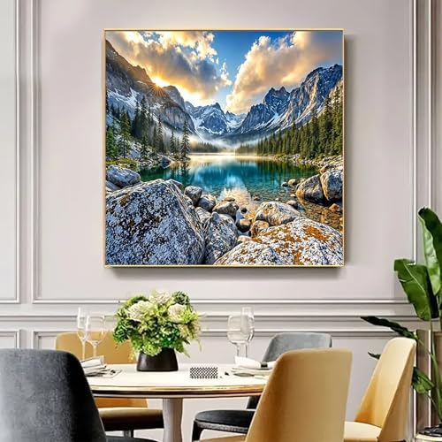 Landscape Mountain Lake Diamond Art Kits for Adults, 5D Diamond Painting Kits for Adults Beginners, DIY Full Round Drill Diamond Dot Painting Gem Art Kits for Adults, Home Wall Decor 13.8x13.8 Inch