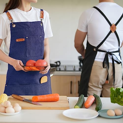 Aoomzoon Canvas Aprons for Men Chef Apron, Work Apron with Large Pockets - 16oz Heavy Duty Cross Back, BBQ, Cooking - color: Blue