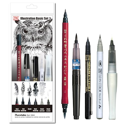 Kuretake Zig Inktober pen set, for Illustration, Manga Drawing, Lettering and Calligraphy, Professional Artist, Made in Japan (Basic No.3(5pcs.)) - style: Basic No.3(5pcs.)