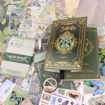 Diuhofart Scrapbook Kits for Adults Women, Aesthetic Stationery Scrap Booking Supples Kit with A6 Grid Notebook for Junk Journal Supplies, DIY Paper Craft Art Materials - color: Green Kit Butterfly